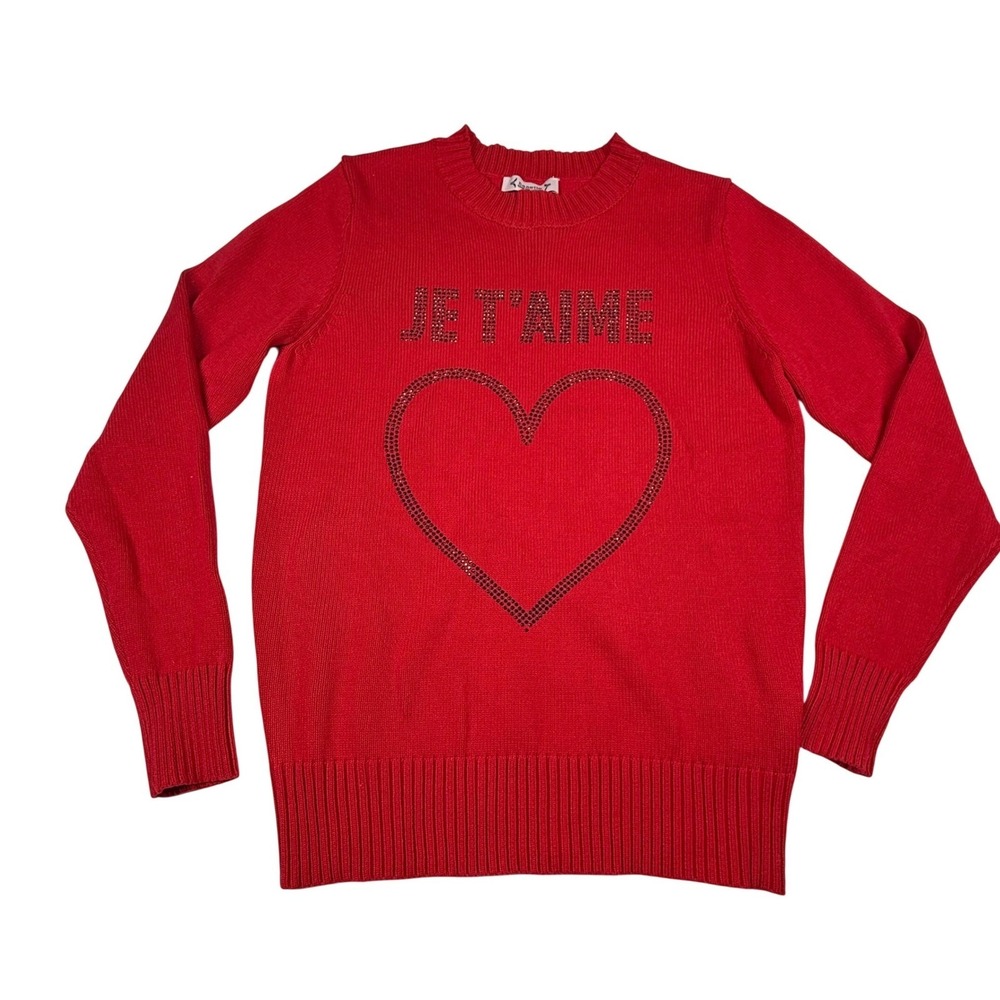 Nanette Lepore Red Je T'aime Heart Rhinestone Knit Sweater Womens Small - Picture 12 of 12